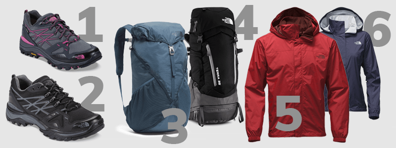 1. Tênis Hedgehog Fastpack GTX Feminino / 2. Tênis Hedgehog Fastpack Masculino / 3. Mochila Diad Pro 22 / 4. Cargueira Terra 35 / 5. Jaqueta Resolve Masculina / 6. Jaqueta Resolve Feminina